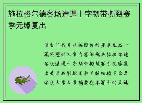 施拉格尔德客场遭遇十字韧带撕裂赛季无缘复出